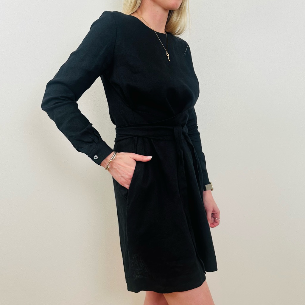 Nich Linen Elegant Black Linen Crew Neck Cuffed Long Sleeves Wrap Mini Dress — image 4 of 8
